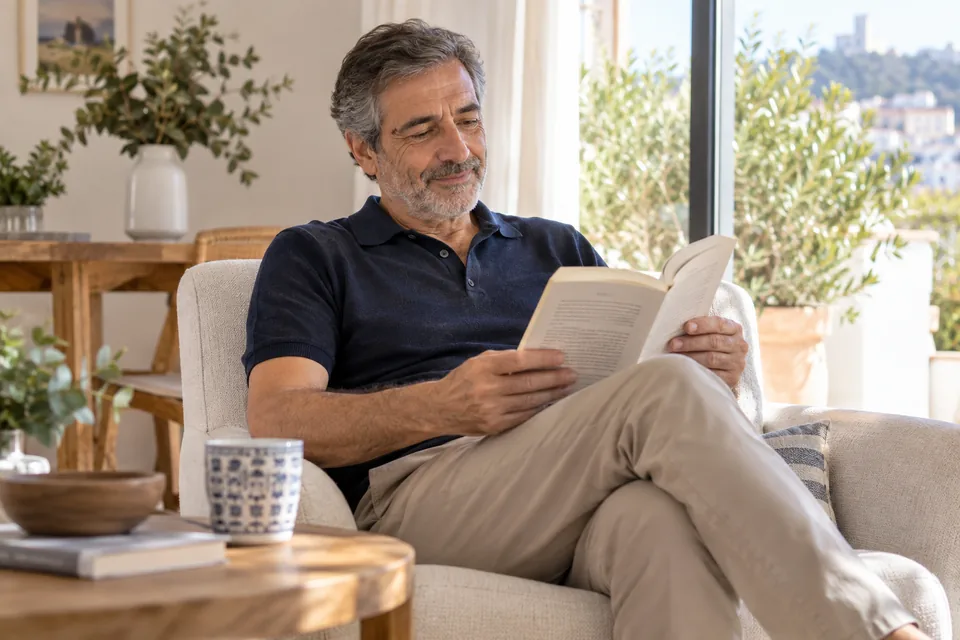 Hombre adulto leyendo un libro junto a una ventana.