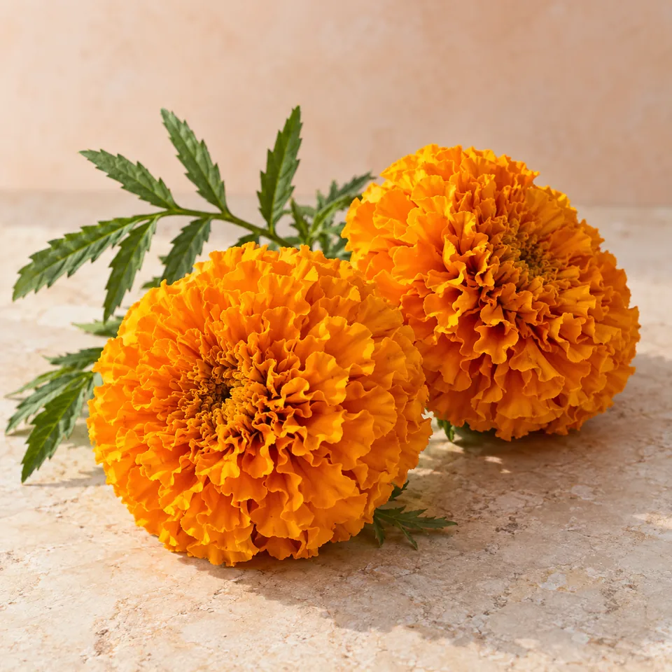 Flores naranjas de Tagetes erecta con hojas verdes.